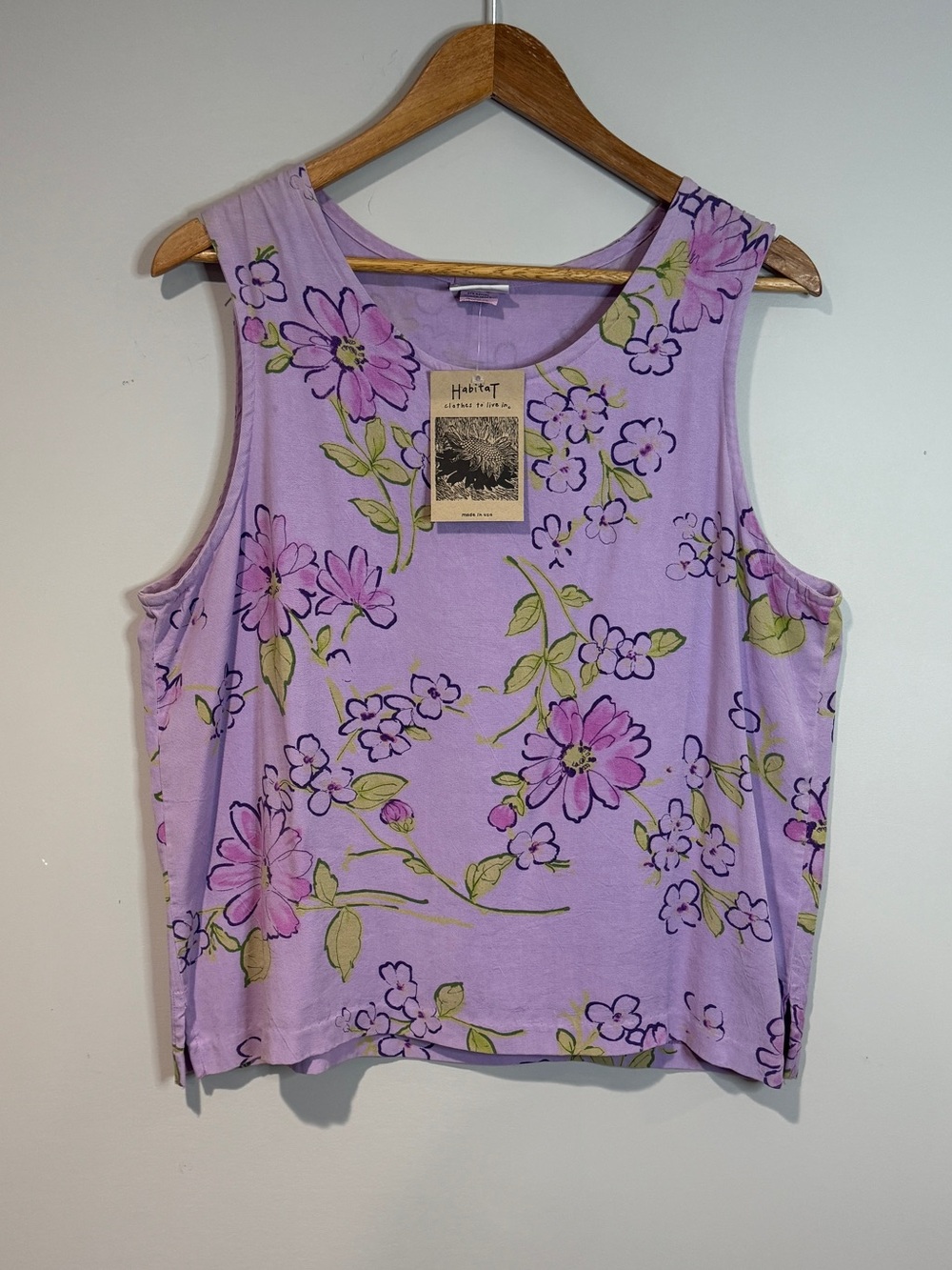 Habitat Purple Floral Sleeveless Top Made USA Rayon Tencel Cottagecore Artsy L